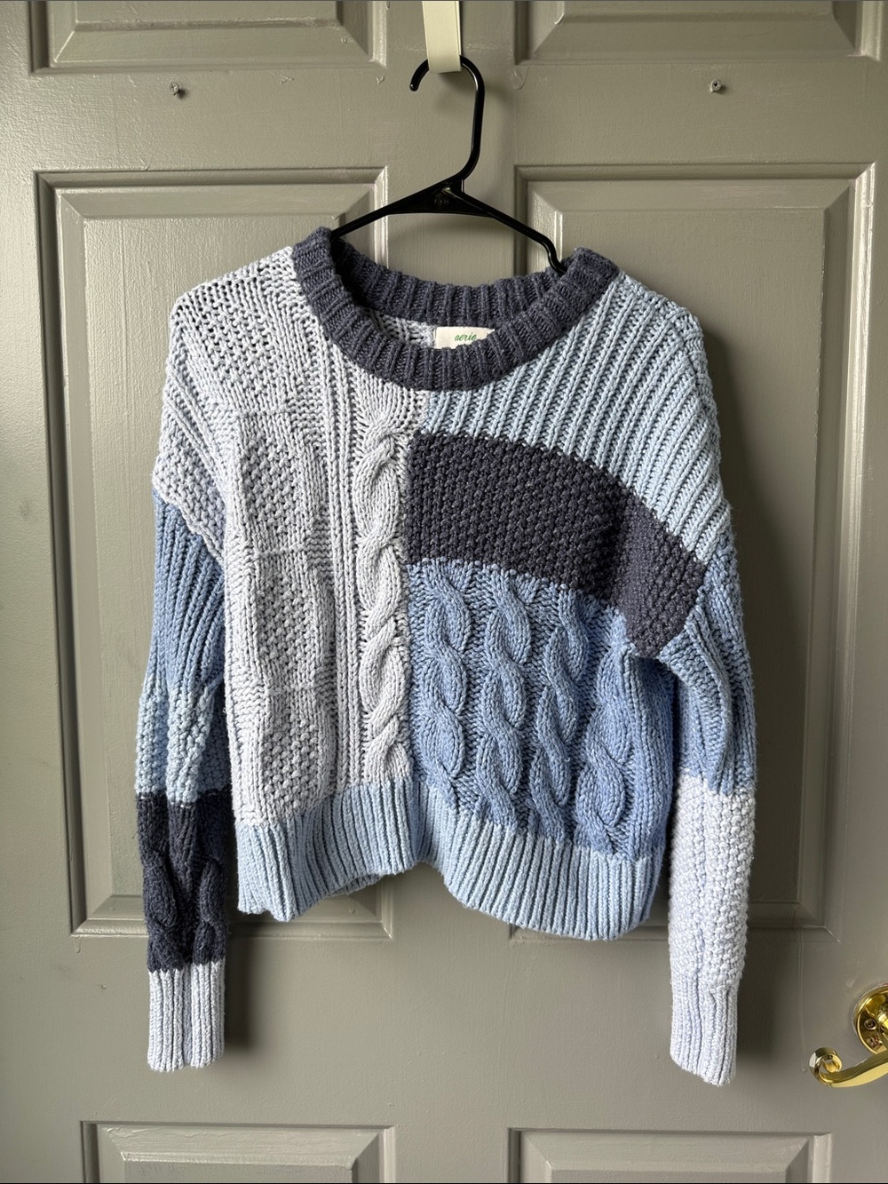 aerie Cable & Rib Colorblock Crew Sweater - Light Blue & Gray